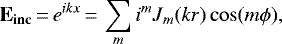 \begin{equation*}\mathbf{E_{inc}}\,{=}\,e^{ikx}\,{=}\,\sum_m i^m J_m(kr) \cos(m\phi),\end{equation*}
