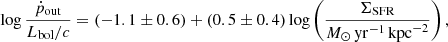 $$ \begin{aligned} \mathrm{log} \,\frac{\dot{p}_{\mathrm{out} }}{L_{\mathrm{bol} }/c} = (-1.1 \pm 0.6) + (0.5 \pm 0.4)\, \mathrm{log} \left( \frac{\Sigma _{\mathrm{SFR} }}{{{M}}_\odot \,\mathrm{yr}^{-1}\,\mathrm{kpc}^{-2}} \right), \end{aligned} $$