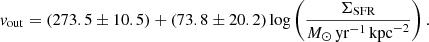 $$ \begin{aligned} { v}_{\mathrm{out} } = (273.5 \pm 10.5) + (73.8 \pm 20.2)\, \mathrm{log} \left( \frac{\Sigma _{\mathrm{SFR} }}{{{M}}_\odot \,\mathrm{yr}^{-1}\,\mathrm{kpc}^{-2}} \right) . \end{aligned} $$