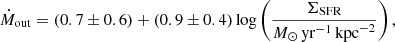 $$ \begin{aligned} \dot{M}_{\mathrm{out} } = (0.7 \pm 0.6) + (0.9 \pm 0.4)\, \mathrm{log} \left( \frac{\Sigma _{\mathrm{SFR} }}{{{M}}_\odot \,\mathrm{yr}^{-1}\,\mathrm{kpc}^{-2}} \right) , \end{aligned} $$