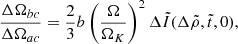 Mathematical equation: $$ \begin{aligned} \frac{\Delta \Omega _{bc}}{\Delta \Omega _{ac}}=\frac{2}{3}b\left(\frac{\Omega }{\Omega _{K}}\right)^{2}\Delta \tilde{I}(\Delta \tilde{\rho },\tilde{t},0), \end{aligned} $$
