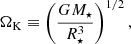 Mathematical equation: $$ \begin{aligned} \Omega _{\rm K}\equiv \left(\frac{GM_\star }{R_\star ^3}\right)^{1/2}, \end{aligned} $$