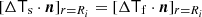 Mathematical equation: $$ [\Delta \mathsf {T}_{\rm s}\cdot \boldsymbol{n}]_{r=R_{i}}= [\Delta \mathsf {T}_{\rm f}\cdot \boldsymbol{n}]_{r=R_{i}} $$