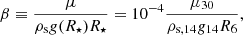 Mathematical equation: $$ \begin{aligned} \beta \equiv \frac{\mu }{\rho _{\rm s} g(R_\star )R_\star }=10^{-4}\frac{\mu _{30}}{\rho _{\mathrm{s},14}g_{14}R_{6}}, \end{aligned} $$