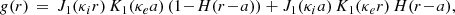 $$ \begin{aligned} {g}(r)\,=\,{J}_1(\kappa _i r)\,{K}_1(\kappa _e a)\,(1 \!-\! H(r\!-\!a)) + {J}_1(\kappa _i a)\,{K}_1(\kappa _e r)\, H(r\!-\!a) , \end{aligned} $$