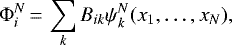 Mathematical equation: \begin{equation*}\Phi_i^N\,{=}\,\sum_k B_{ik}\psi_k^N(x_1,\ldots,x_N), ~~~~\end{equation*}