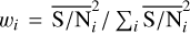 Mathematical equation: $w_i = \textrm{\overline{S/N}}_i^2/\sum_i\textrm{\overline{S/N}}_i^2$