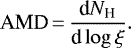 Mathematical equation: \begin{equation*}\textnormal{AMD}\,{=}\,\frac{\textrm{d} N_{\textrm{H}}}{\textrm{d} \log \xi}.\end{equation*}