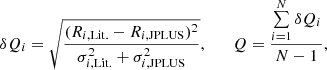 Mathematical equation: $$ \begin{aligned} \delta Q_i = \sqrt{\frac{(R_{i,\mathrm{Lit.}}-R_{i,\mathrm{JPLUS}})^2}{\sigma _{i,\mathrm{Lit.}}^2+\sigma _{i,\mathrm{JPLUS}}^2}},\qquad Q = \frac{\sum \limits _{i=1}^{N} \delta Q_i}{N-1}, \end{aligned} $$