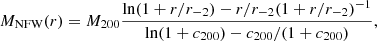 Mathematical equation: $$ \begin{aligned} M_{\rm NFW}(r) = M_{200}\frac{\mathrm{ln}(1+r/r_{-2})-r/r_{-2}(1+r/r_{-2})^{-1}}{\mathrm{ln}(1+c_{200})-c_{200}/(1+c_{200})}, \end{aligned} $$