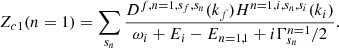 Mathematical equation: $$ \begin{aligned} Z_{c1}(n=1)=\sum _{s_n} \dfrac{D^{f,n=1,s_f,s_n}(k_f)H^{n=1,i,s_n,s_i}(k_i)}{\omega _i + E_i - E_{n=1,1} + i\Gamma ^{n=1}_{s_n}/2}. \end{aligned} $$