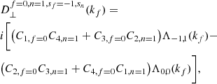 Mathematical equation: $$ \begin{aligned}&D_{\perp }^{f=0,n=1,s_f=-1,s_n}(k_f)=\nonumber \\&i\bigg [\big (C_{1,f=0}C_{4,n=1} + C_{3,f=0}C_{2,n=1}\big )\Lambda _{-1,1}(k_f) -\nonumber \\&\big (C_{2,f=0}C_{3,n=1} + C_{4,f=0}C_{1,n=1}\big )\Lambda _{0,0}(k_f)\bigg ], \end{aligned} $$