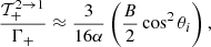Mathematical equation: $$ \begin{aligned} \dfrac{\mathcal{T}_{+}^{2 \rightarrow 1}}{\Gamma _+} \approx \dfrac{3}{16\alpha } \left(\dfrac{B}{2} \cos ^2\theta _i\right), \end{aligned} $$