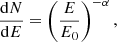Mathematical equation: $$ \begin{aligned} {{\mathrm{d}N} \over {\mathrm{d}E}} = \left({{E} \over {E_0}}\right)^{-\alpha }, \end{aligned} $$