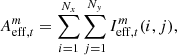 Mathematical equation: $$ \begin{aligned} A^m_{\mathrm{eff} ,t} = \sum \limits _{i=1}^{N_x} \sum \limits _{j=1}^{N_{ y}} I^m_{\mathrm{eff} ,t}(i, j), \end{aligned} $$