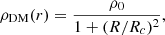 Mathematical equation: $$ \begin{aligned} \rho _{\rm DM}(r) = \frac{\rho _0}{1 + (R/R_c)^2}, \end{aligned} $$