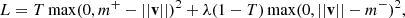 Mathematical equation: $$ \begin{aligned} L = T \max (0, m^{+} - ||\mathbf v ||)^2 + \lambda (1-T)\max (0, ||\mathbf v || - m^{-})^2, \end{aligned} $$