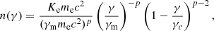 Mathematical equation: $$ \begin{aligned} n(\gamma ) =\frac{K_{\rm e} m_{\rm e} c^2}{(\gamma _{\rm m} m_{\rm e} c^2)^p} \left(\frac{\gamma }{\gamma _{\rm m}}\right)^{-p} \left(1-\frac{\gamma }{\gamma _c}\right)^{p-2}, \end{aligned} $$