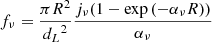 Mathematical equation: $ f_{\nu} = \frac{\pi R^2}{{d_L}^2} \frac{j_{\nu} (1-\exp{(-\alpha_{\nu}R)})}{\alpha_{\nu}} $