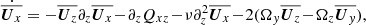 Mathematical equation: $$ \begin{aligned} \dot{\overline{{\boldsymbol{U}}_x}}&=-\overline{{\boldsymbol{U}}_z}\partial _z\overline{{\boldsymbol{U}}_x}\!-\!\partial _z Q_{ xz}\!-\!\nu \partial _z^2\overline{{\boldsymbol{U}}_x}\!-\!2(\Omega _{ y}\overline{{\boldsymbol{U}}_z}\!-\!\Omega _z\overline{{\boldsymbol{U}}_{ y}}), \end{aligned} $$