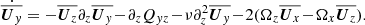 Mathematical equation: $$ \begin{aligned} \dot{\overline{{\boldsymbol{U}}_{ y}}}&=-\overline{{\boldsymbol{U}}_z}\partial _z\overline{{\boldsymbol{U}}_{ y}}\!-\!\partial _z Q_{ yz}\!-\!\nu \partial _z^2\overline{{\boldsymbol{U}}_{ y}}\!-\!2(\Omega _z\overline{{\boldsymbol{U}}_x}\!-\!\Omega _x\overline{{\boldsymbol{U}}_z}). \end{aligned} $$