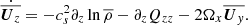 Mathematical equation: $$ \begin{aligned} \dot{\overline{{\boldsymbol{U}}_z}}=-c_s^2\partial _z \ln \overline{\rho }-\partial _z Q_{zz}-2\Omega _x\overline{{\boldsymbol{U}}_{ y}}. \end{aligned} $$