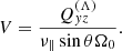 Mathematical equation: $$ \begin{aligned} V=\frac{Q_{ yz}^{(\Lambda )}}{\nu _{\parallel }\sin \theta \Omega _0}. \end{aligned} $$