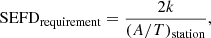Mathematical equation: $$ \begin{aligned} \mathrm{SEFD_{requirement}} = \frac{2k}{(A/T)_{\rm station}}, \end{aligned} $$