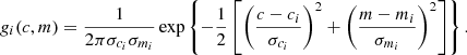 Mathematical equation: $$ \begin{aligned} { g}_i(c, m) = \frac{1}{2 \pi \sigma _{c_i} \sigma _{m_i}} \exp \left\{ -\frac{1}{2} \left[\left(\frac{c - c_i}{\sigma _{c_i}}\right)^2 + \left(\frac{m - m_i}{\sigma _{m_i}}\right)^2\right]\right\} . \end{aligned} $$