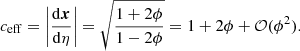 $$ \begin{aligned} c_{\mathrm{eff} } = \left|\frac{\mathrm{d} \boldsymbol{x}}{\mathrm{d} \eta }\right| = \sqrt{\frac{1+2\phi }{1-2\phi }} = 1+2\phi + \mathcal{O} (\phi ^2). \end{aligned} $$