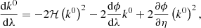 $$ \begin{aligned}&\frac{\mathrm{d} k^0}{\mathrm{d} \lambda } = -2\mathcal{H} \left(k^0\right)^2 - 2\frac{\mathrm{d} \phi }{\mathrm{d} \lambda }k^0 + 2\frac{\partial \phi }{\partial \eta }\left(k^0\right)^2, \end{aligned} $$