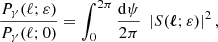 $$ \begin{aligned} \frac{P_\gamma (\ell ;\varepsilon )}{P_\gamma (\ell ;0)}&= \int _0^{2\pi } \frac{\mathrm{d} \psi }{2\pi } \; \left| S(\boldsymbol{\ell };\varepsilon ) \right|^2, \end{aligned} $$