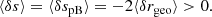 $$ \begin{aligned} \langle {\delta s}\rangle = \langle {\delta s_{\mathrm{pB} }}\rangle = - 2\langle {\delta r_{\mathrm{geo} }}\rangle > 0. \end{aligned} $$