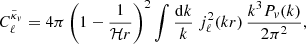 $$ \begin{aligned} C_{\ell }^{\tilde{\kappa }_{{ v}}} = 4\pi \left(1 - \frac{1}{\mathcal{H} r}\right)^2 \int \frac{\mathrm{d} k}{k} \; j_\ell ^2(kr) \, \frac{k^3P_{ v}(k)}{2\pi ^2}, \end{aligned} $$