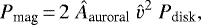 Mathematical equation: \begin{eqnarray*}P_{\textrm{mag}}\,{=}\,2 \;\hat{A}_{\textrm{auroral}}\; \hat{v}^2 \; P_{\textrm{disk}},\end{eqnarray*}
