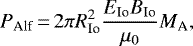 Mathematical equation: \begin{eqnarray*}P_{\textrm{Alf}}\,{=}\,2 \pi R_{\textrm{Io}}^2 \frac{E_{\textrm{Io}} B_{\textrm{Io}}} {\mu_0} M_{\textrm{A}},\end{eqnarray*}