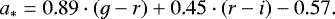 Mathematical equation: \begin{equation*}a_{*} = 0.89\cdot(g-r) + 0.45\cdot(r-i) - 0.57.\end{equation*}