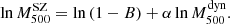 Mathematical equation: $$ \begin{aligned} \ln M_{500}^\mathrm{SZ} = \ln \left( 1-B \right) + \alpha \ln M_{500}^\mathrm{dyn}. \end{aligned} $$