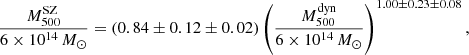 Mathematical equation: $$ \begin{aligned} \frac{M_{500}^\mathrm{SZ}}{6\times 10^{14}\,{M}_{\odot }} = \left(0.84\pm 0.12\pm 0.02 \right) \left(\frac{M_{500}^\mathrm{dyn}}{6\times 10^{14}\,{M}_{\odot }} \right)^{1.00\pm 0.23\pm 0.08}, \end{aligned} $$