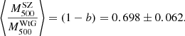 Mathematical equation: $$ \begin{aligned} \left\langle \frac{M_{500}^\mathrm{SZ}}{M_{500}^\mathrm{WtG}} \right\rangle = \left( 1-b \right) = 0.698 \pm 0.062. \end{aligned} $$