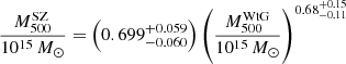 Mathematical equation: $$ \begin{aligned} \frac{M_{500}^\mathrm{SZ}}{10^{15}\,{M}_{\odot }} = \left(0.699_{-0.060}^{+0.059}\right)\left(\frac{M_{500}^\mathrm{WtG}}{10^{15}\,{M}_{\odot }}\right)^{0.68^{+0.15}_{-0.11}} \end{aligned} $$