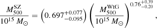 Mathematical equation: $$ \begin{aligned} \frac{M_{500}^\mathrm{SZ}}{10^{15}\,{M}_{\odot }} = \left(0.697_{-0.095}^{+0.077}\right)\left(\frac{M_{500}^\mathrm{WtG}}{10^{15}\,{M}_{\odot }}\right)^{0.76^{+0.39}_{-0.20}}, \end{aligned} $$