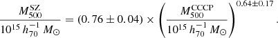 Mathematical equation: $$ \begin{aligned} \frac{M_{500}^\mathrm{SZ}}{10^{15}\,h_{70}^{-1}\,{M_\odot }} = \left(0.76 \pm 0.04 \right) \times \left(\frac{M_{500}^\mathrm{CCCP}}{10^{15}\,h_{70}^{-1}\,{M_\odot }} \right)^{0.64\pm 0.17}. \end{aligned} $$