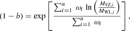 Mathematical equation: $$ \begin{aligned} \left( 1-b \right) = \mathrm{exp} \left[ \frac{\sum _{i=1}^{n}\ \omega _i\ \mathrm{ln}\left( \frac{{ M}_{\mathrm{SZ},i}}{{ M}_{\mathrm{WL},i}} \right)}{\sum _{i=1}^{n}\ \omega _i} \right], \end{aligned} $$