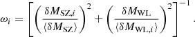 Mathematical equation: $$ \begin{aligned} \omega _i = \left[ \left( \frac{\delta M_{\mathrm{SZ},i}}{\langle \delta M_{\rm SZ} \rangle }\right)^2 + \left( \frac{\delta M_{\rm WL}}{\langle \delta M_{\mathrm{WL},i}\rangle } \right)^2 \right]^{-1}. \end{aligned} $$