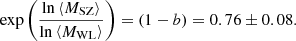 Mathematical equation: $$ \begin{aligned} \exp \left(\frac{\ln \left\langle M_{\rm SZ} \right\rangle }{\ln \left\langle M_{\rm WL} \right\rangle } \right) = \left( 1-b \right) = 0.76 \pm 0.08. \end{aligned} $$