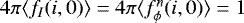 Mathematical equation: $4\pi \langle f_I(i,0) \rangle=4\pi \langle f^n_{\phi}(i,0) \rangle=1$