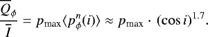 Mathematical equation: \begin{equation*}\frac{\overline{Q}_{\phi}}{\overline{I}}=p_{\textrm{max}} \langle p_{\phi}^n(i)\rangle \approx p_{\textrm{max}} \cdot\, (\cos i){}^{1.7}.\end{equation*}