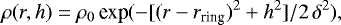 Mathematical equation: \begin{equation*}\rho(r,h) = \rho_0\, \textrm{exp}(-[(r-r_{\textrm{ring}}){}^2+h^2]/2\,\delta^2),\end{equation*}