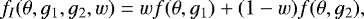 Mathematical equation: \begin{equation*}f_I(\theta,g_1,g_2,w)=w f(\theta,g_1) + (1-w) f(\theta,g_2),\end{equation*}
